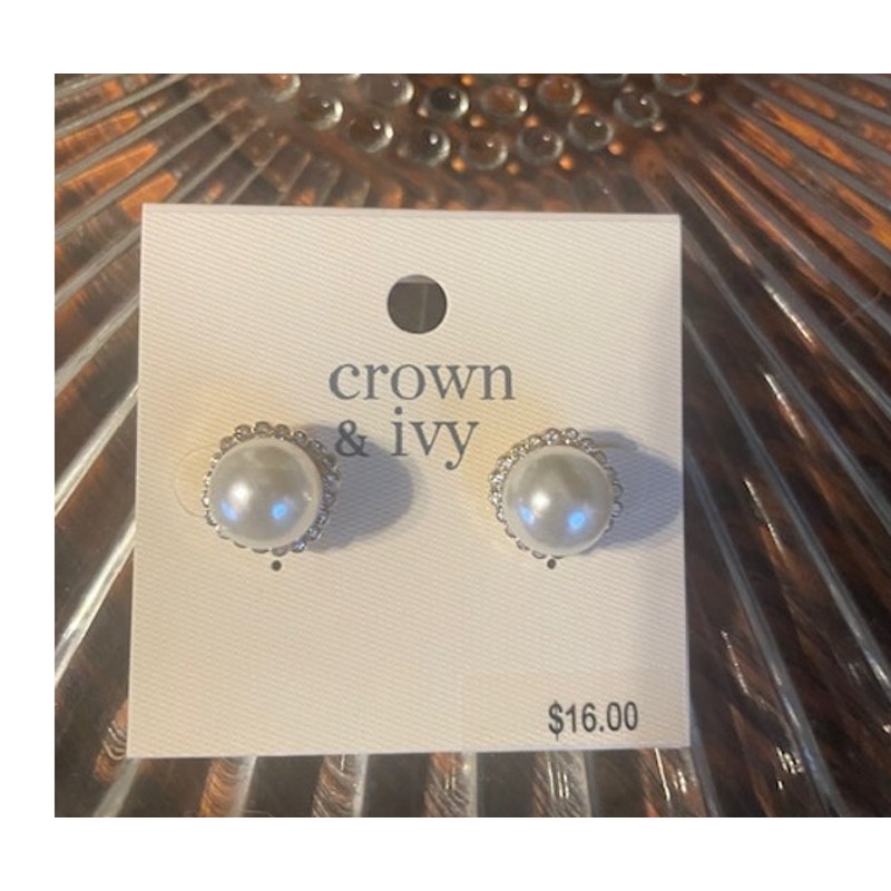 Crown Ivy Faux Pearl Cubic Zirconium Stud Earrings Nwt 10$